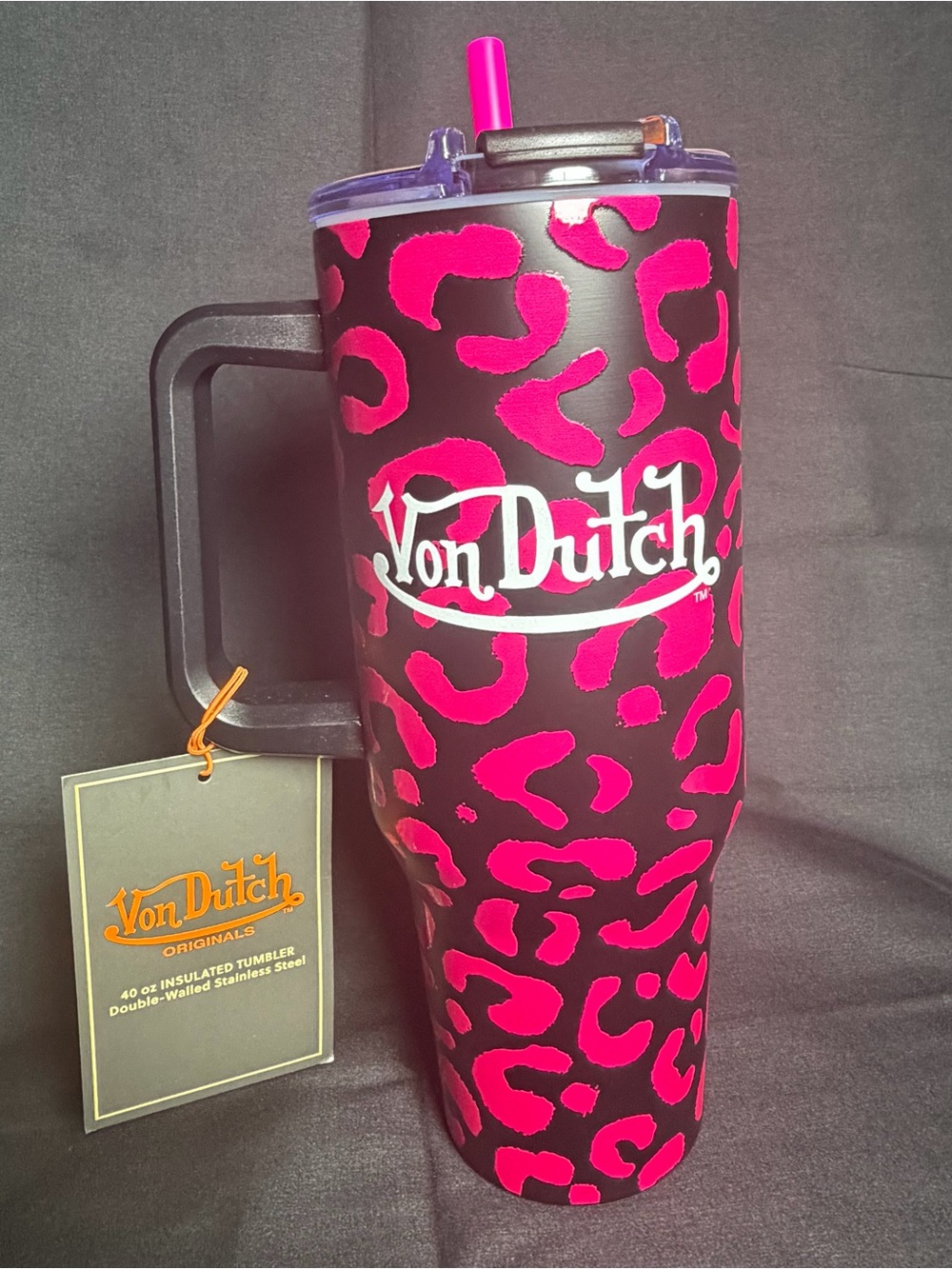 NWT Von Dutch Hot Pink Leopard Print 40 oz Tumbler Travel Mug